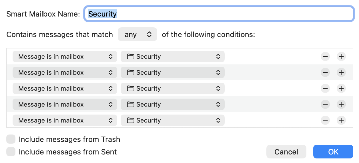 Apple Mail Smart Mailbox setup dialog named Security, matching any message that is in the Security mailbox across five accounts
