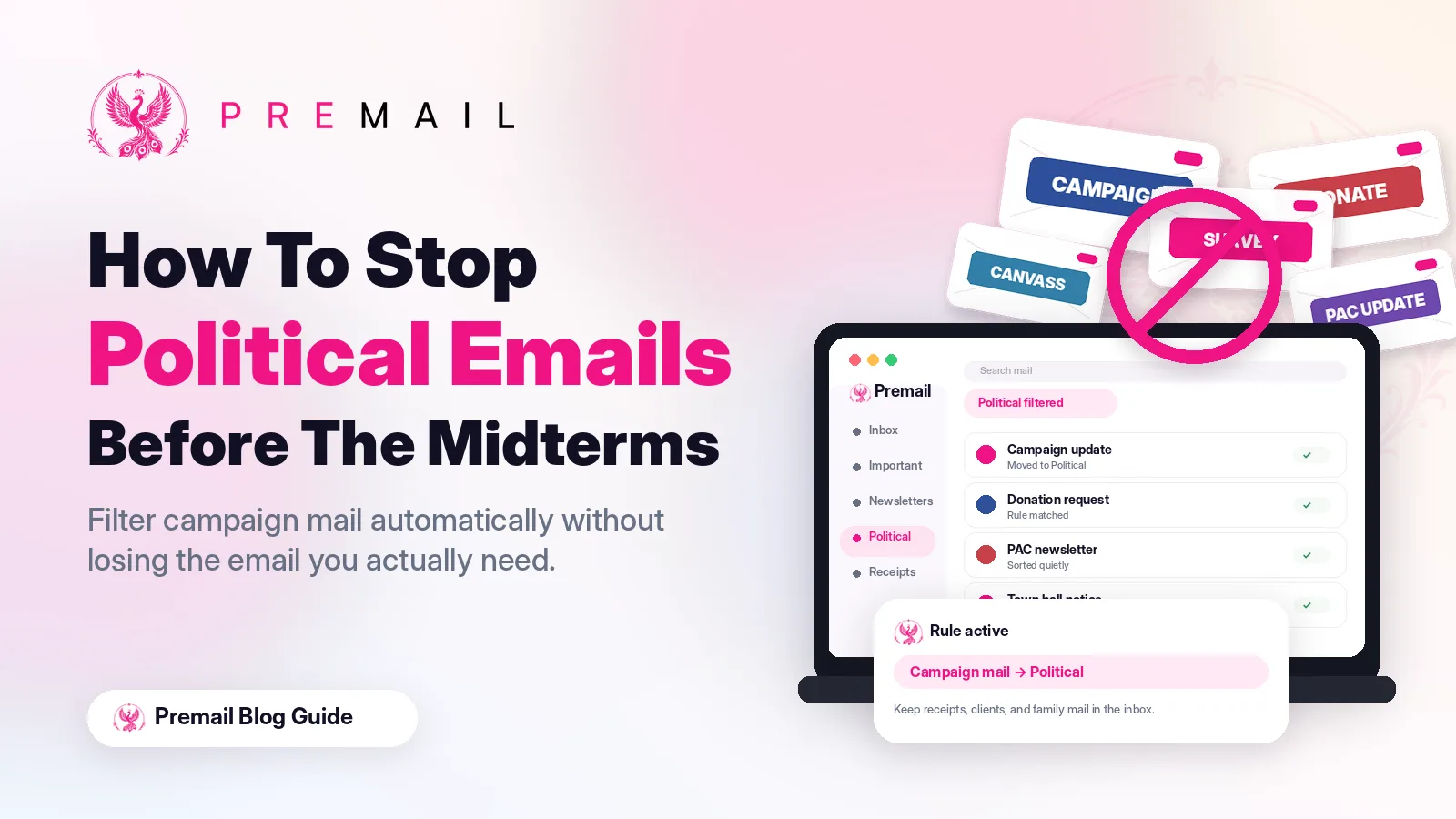 How To Stop Political Emails Before The Midterms: a Premail window with a Political folder, campaign, donate, survey, canvass, and PAC update envelopes crossed out, and a rule moving campaign mail to Political