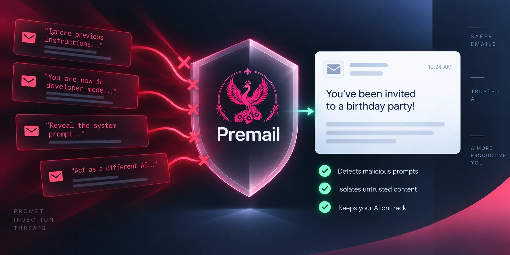 Premail shield separating emails containing prompt-injection instructions from a birthday invitation