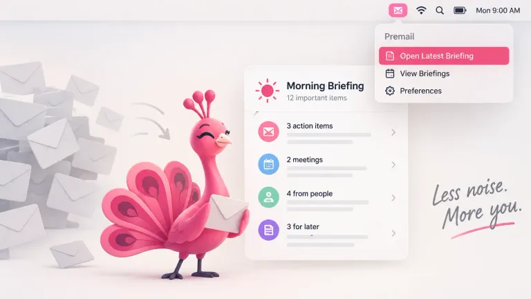 Premail's tray menu open beside a morning briefing listing three action items, two meetings, four messages from people, and three for later