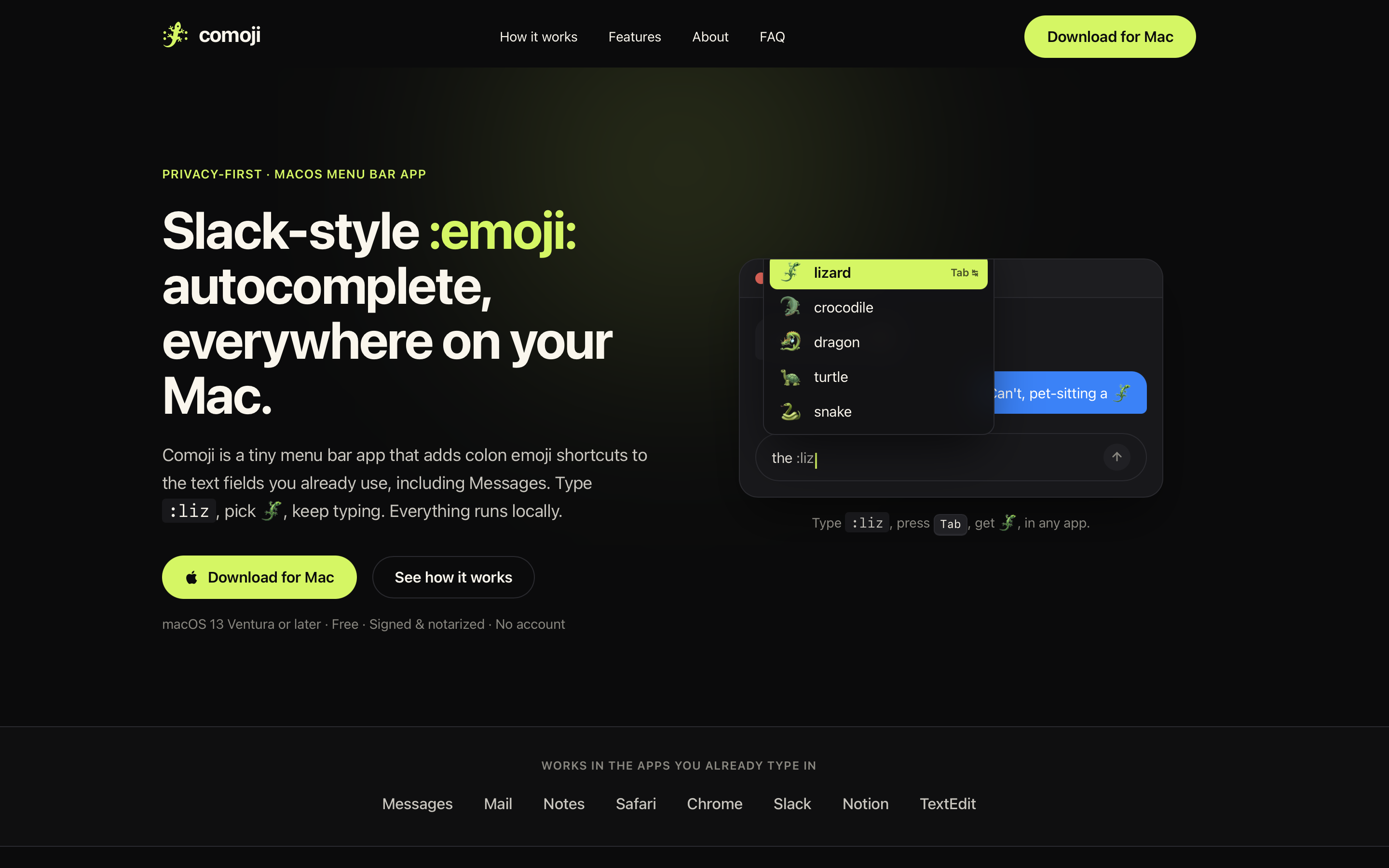 Comoji, Slack-style emoji autocomplete macOS menu bar app