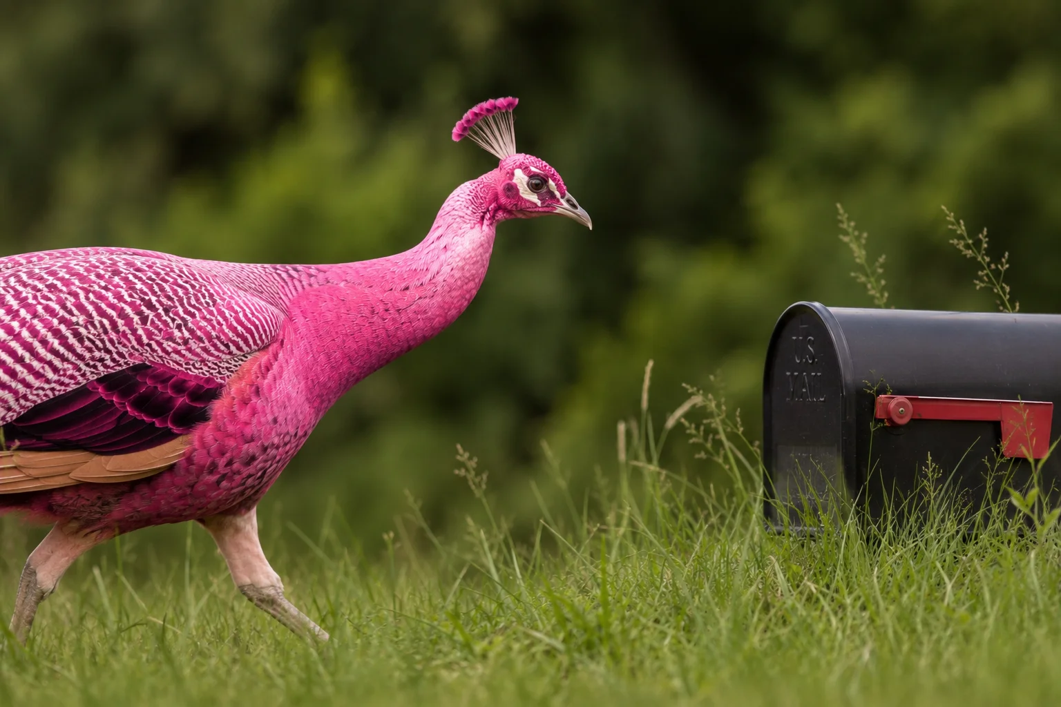 A pink peacock inspecting a mailbox