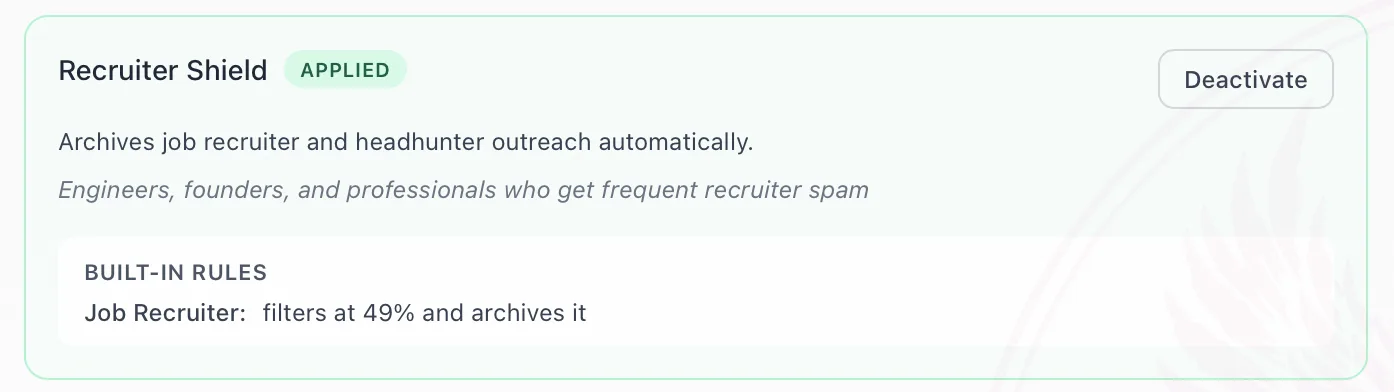 Premail's Recruiter Shield rule pack, applied, with a built-in Job Recruiter rule that filters at 49% and archives matched recruiter outreach