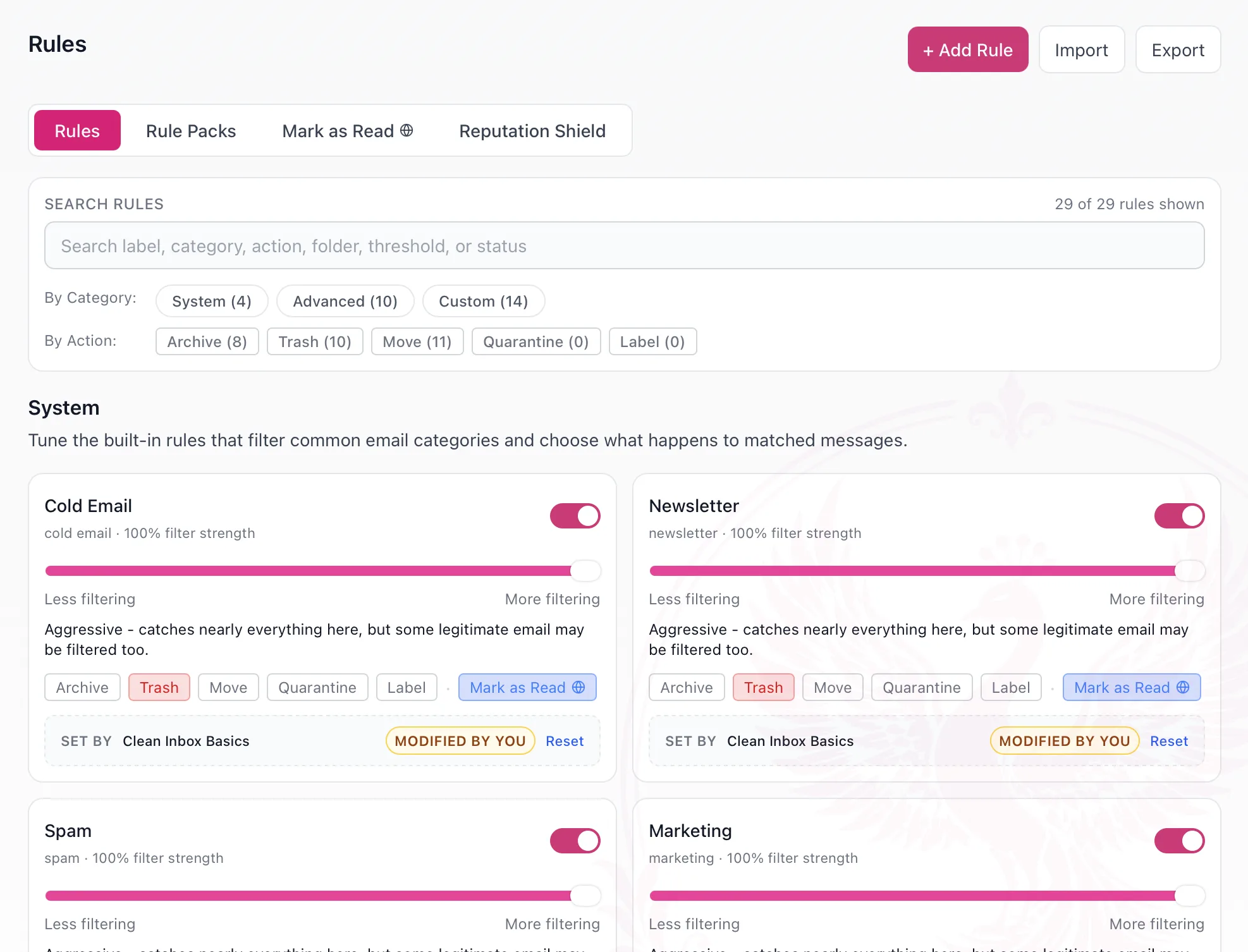 Premail Rules tab showing built-in system rules like Cold Email, Newsletter, Spam, and Marketing, each with a filter-strength slider and an action chip such as Trash or Mark as Read