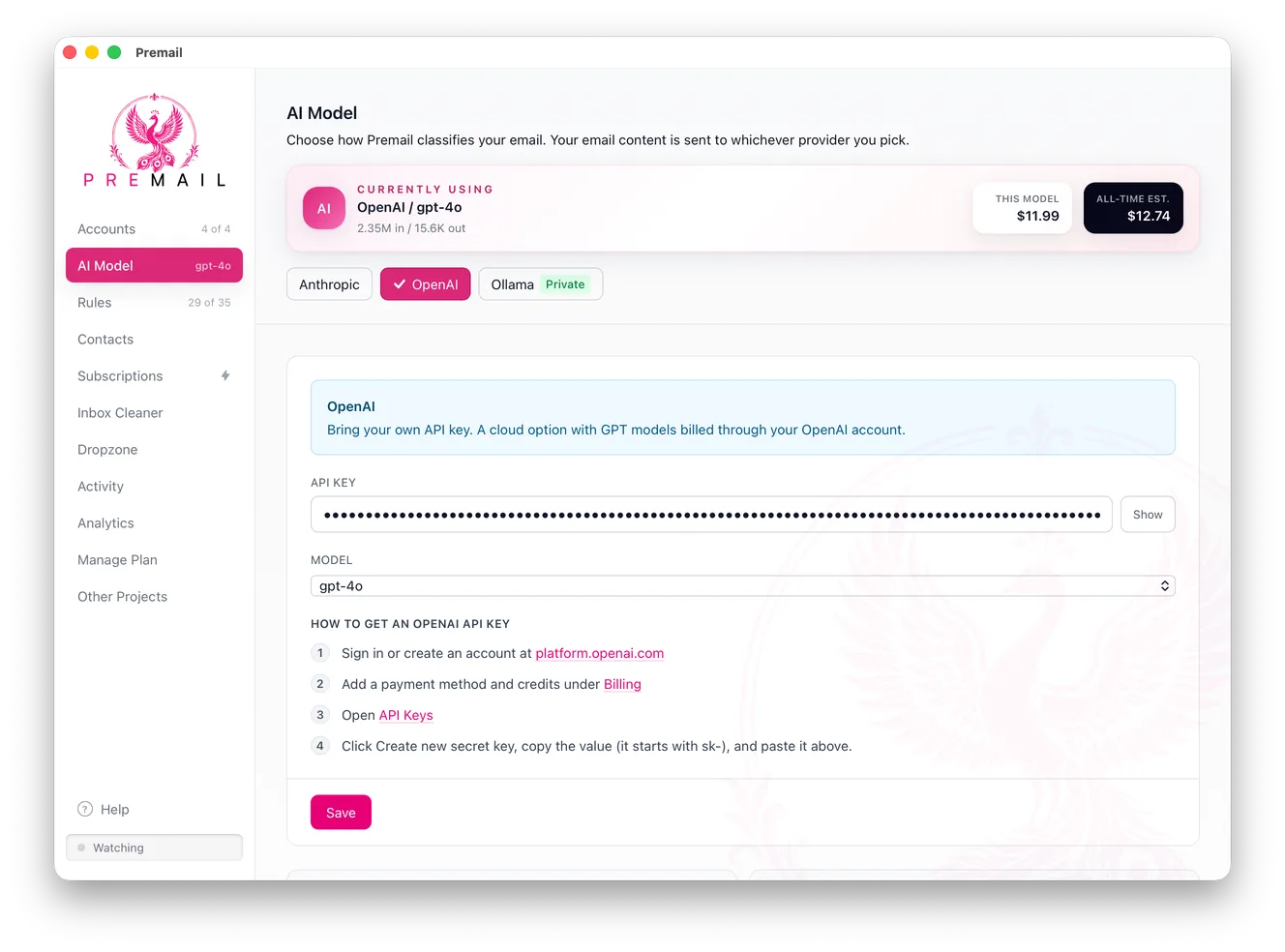 The Premail AI Model screen with Anthropic, OpenAI, and Ollama options. OpenAI is selected, showing a masked API key field, a model picker set to gpt-4o, and running cost estimates for the current model and all time.