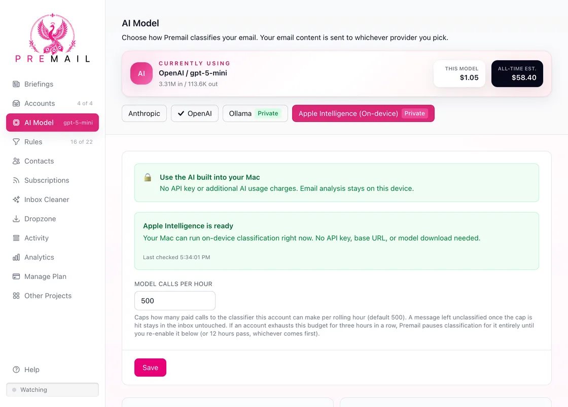 The Premail AI Model screen with four provider options - Anthropic, OpenAI, Ollama, and Apple Intelligence (On-device), the last two marked Private. A green panel reads "Apple Intelligence is ready: your Mac can run on-device classification right now. No API key, base URL, or model download needed."