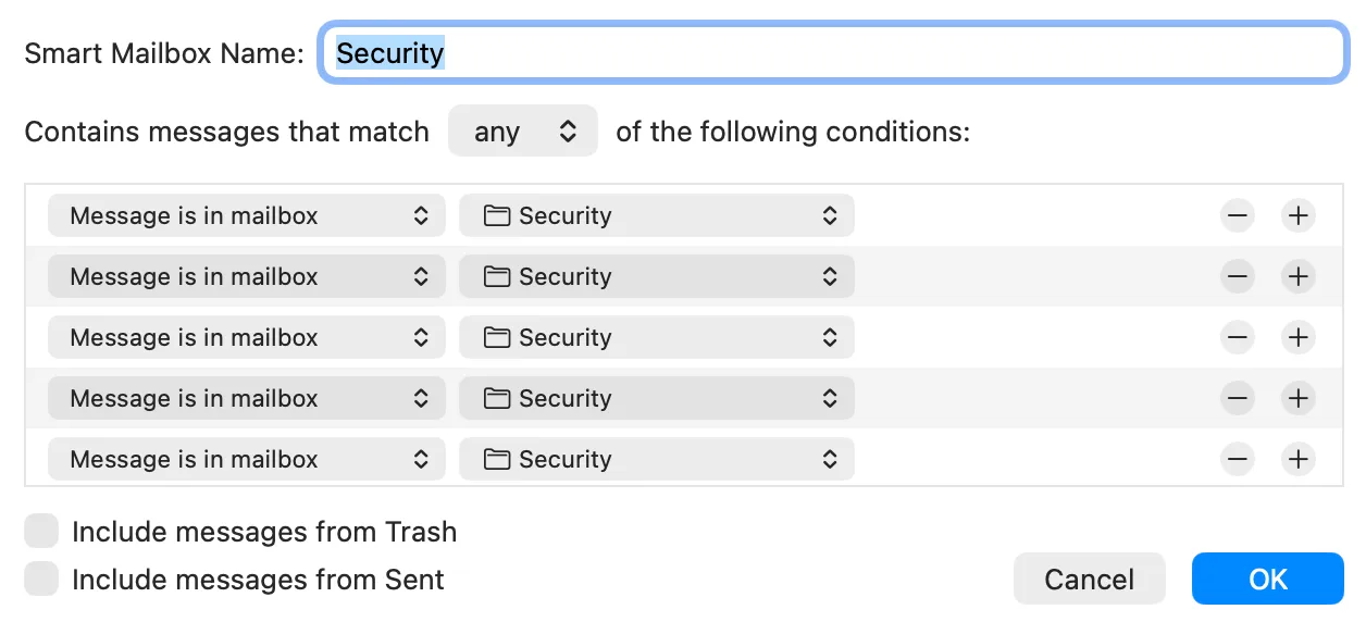 Apple Mail's Smart Mailbox editor named Security, set to match any of five conditions, each one "Message is in mailbox" pointing at a Security folder in a different account.