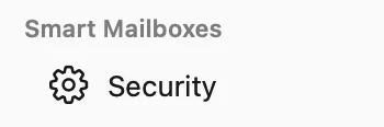Apple Mail's sidebar showing a single Security Smart Mailbox under the Smart Mailboxes heading.