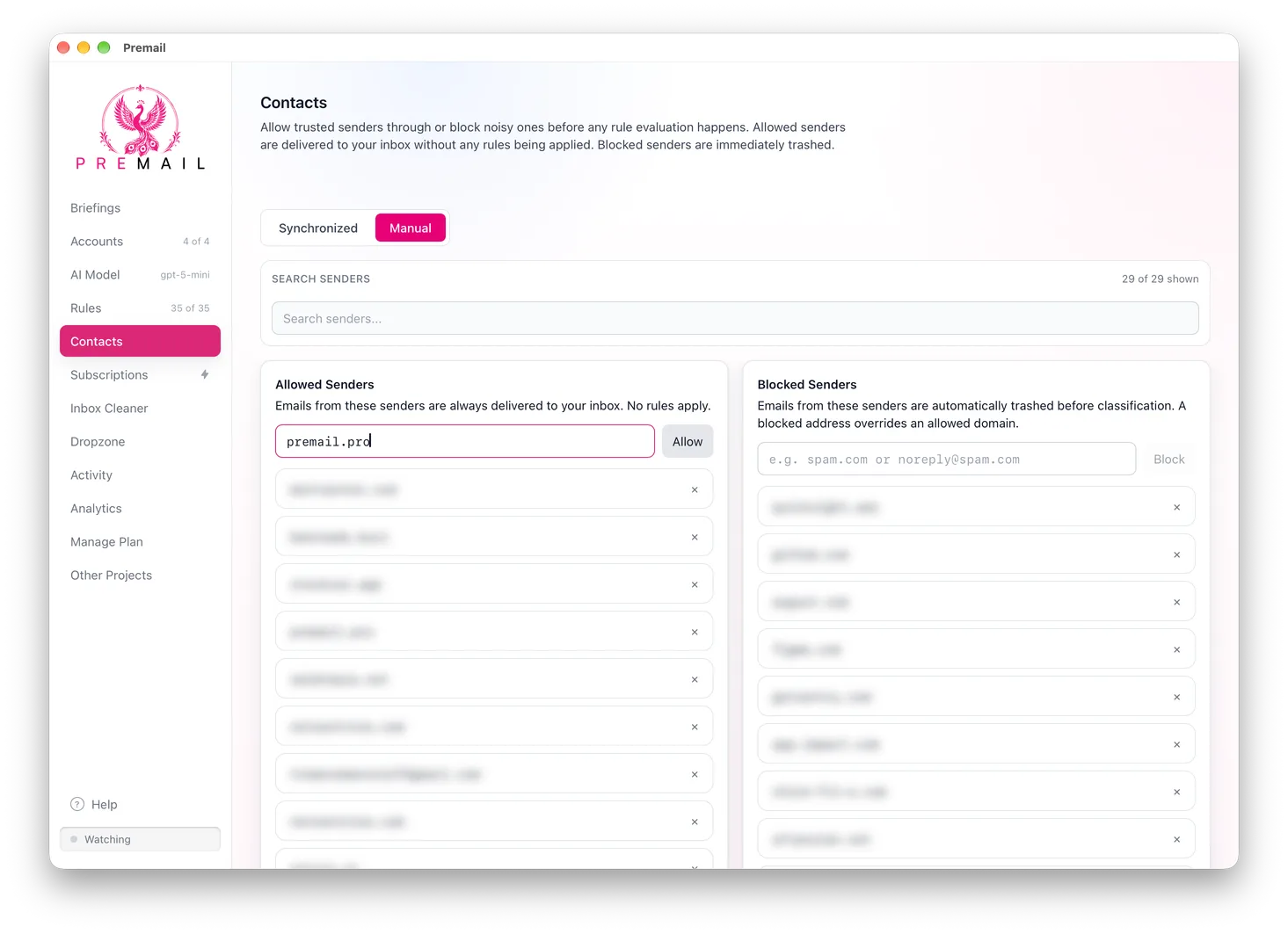 The Premail Contacts screen on the Manual tab. The Allowed Senders field contains premail.pro with an Allow button beside it, next to a separate Blocked Senders list.