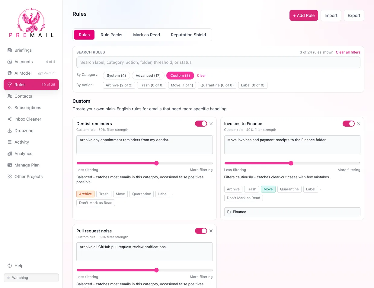 The Premail Rules screen filtered to Custom rules. Three plain-English rules are shown as cards, Dentist reminders, Invoices to Finance, and Pull request noise, each with a toggle, a sentence describing what to do, a filter-strength slider, and action buttons.