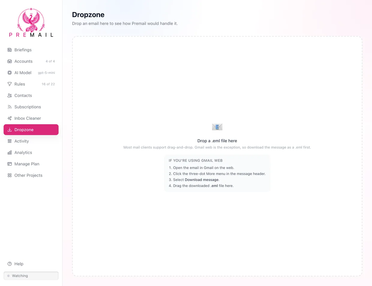 The Premail Dropzone screen: a large dashed drop area with the prompt "Drop a .eml file here" and a short four-step note on downloading a message from Gmail on the web.