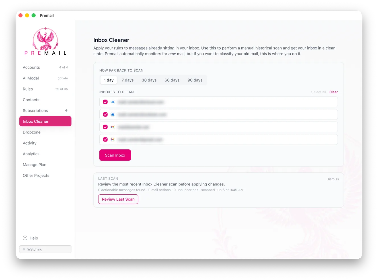 The Premail Inbox Cleaner screen with a how-far-back-to-scan selector offering 1, 7, 30, 60, and 90 days, checkboxes for the inboxes to clean, a Scan Inbox button, and a summary of the last scan.