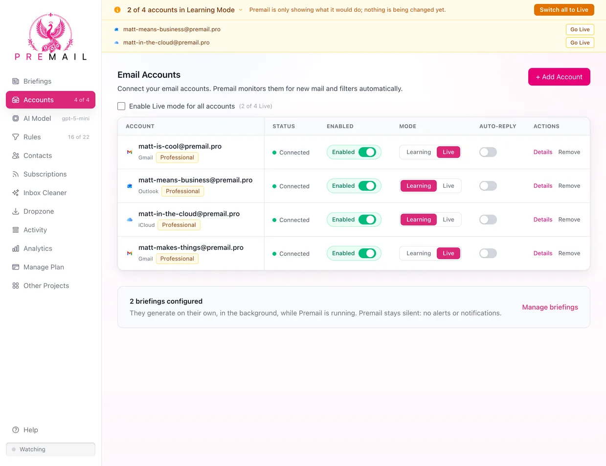 The Premail Accounts screen with an amber banner across the top reading "2 of 4 accounts in Learning Mode", expanded to list the two accounts with a Go Live button beside each and a Switch all to Live button on the right. In the table below, the two accounts have Learning selected in their Mode switch.