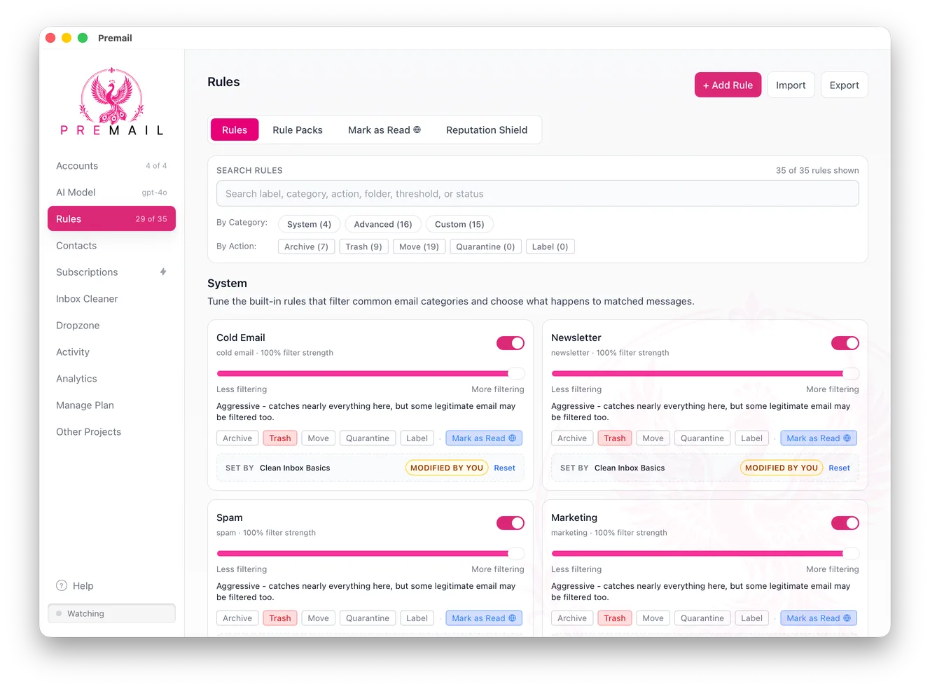 The Premail Rules screen showing Cold Email, Newsletter, Spam, and Marketing rules. Each has an on/off toggle, a filter-strength slider, and a row of actions - Archive, Trash, Move, Quarantine, Label, and Mark as Read.