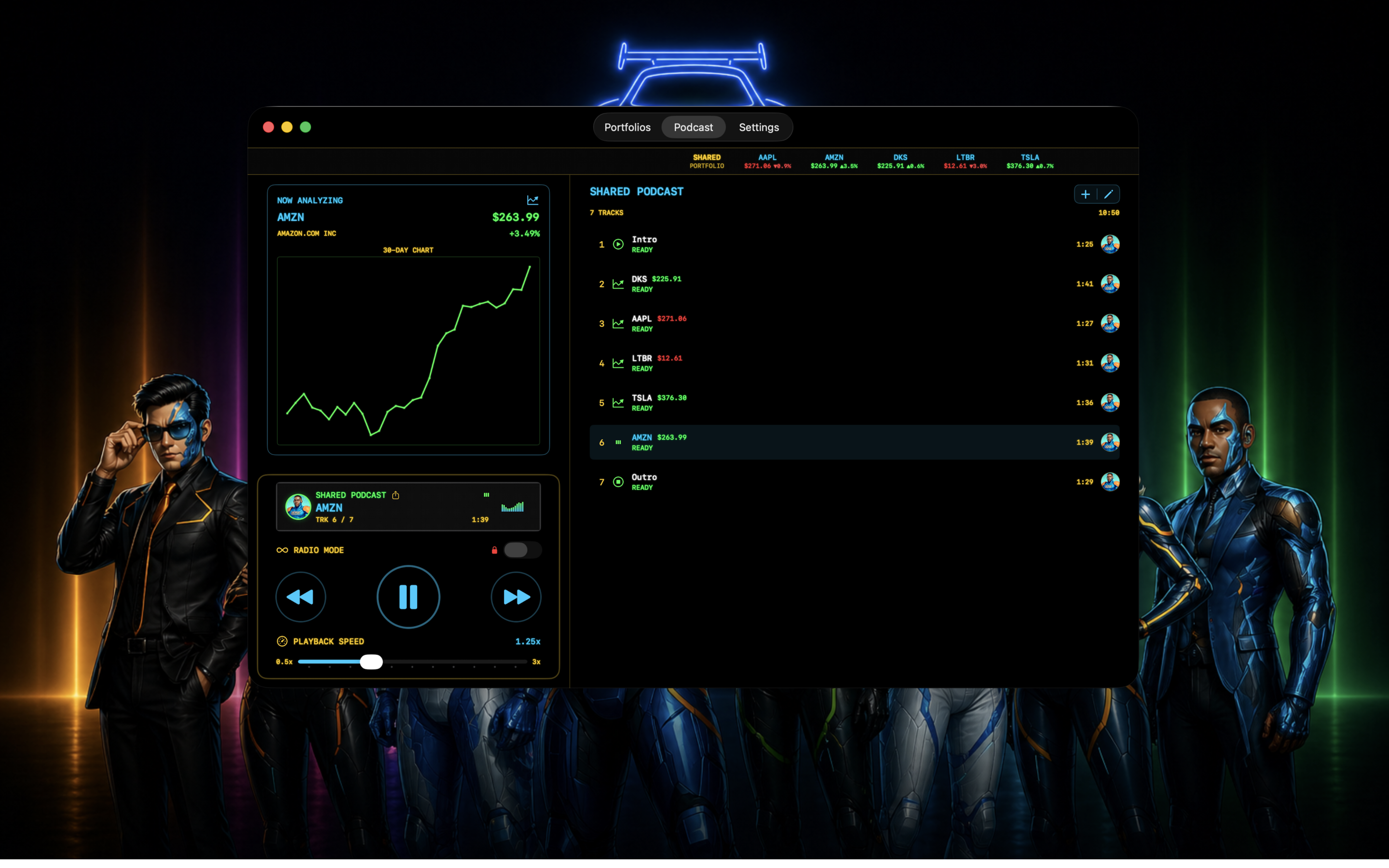 StockCar app interface, neon-styled portfolio podcast UI